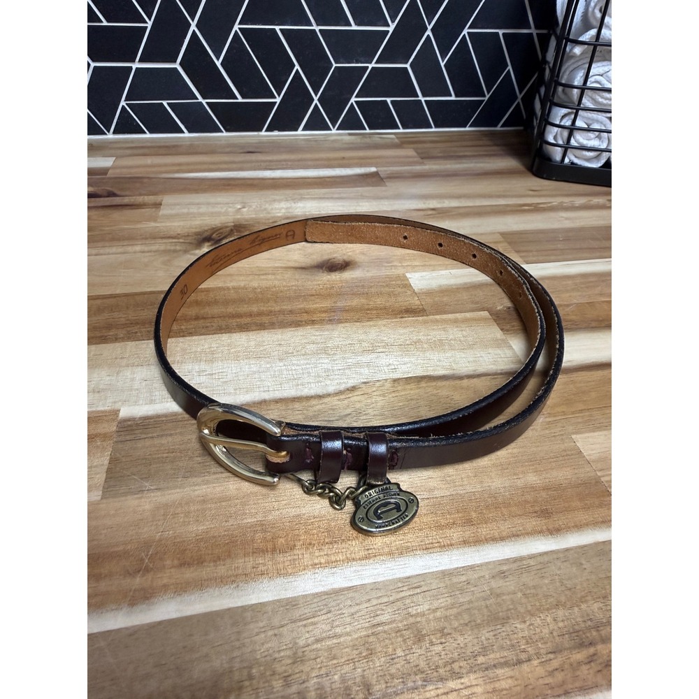 Vintage Etienne Aigner Oxblood Leather Skinny Belt Logo Charm Size 30